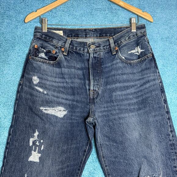 Women's Levi's 501 Premium Button Fly Jeans Distressed 28X32 Blue Fits 30x30.5 - Picture 2 of 16